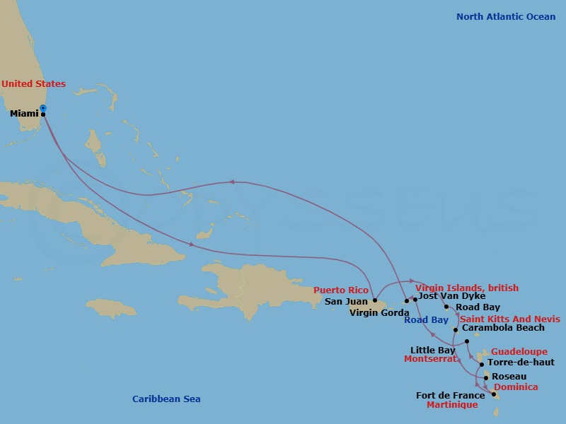 14 Night - Leeward Island Jewels - Seabourn Quest - Starting in Miami, Florida, San Juan, Puerto Rico, Road Bay, Anguilla, Carambola Beach, Saint Kitts and Nevis, Roseau, Dominica, Fort-De-France, Martinique, Terre-de-Haut, Iles des Saintes, Guadeloupe, Little Bay, Montserrat, Spanish Town, Virgin Gorda, British Virgin Islands, Great Harbour, Jost van Dyke, British Virgin Islands, Miami, Florida itinerary map