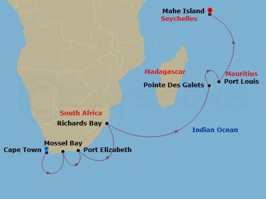 Silver Shadow - 16 Night - Cape Town to Mahe - Silver Shadow - Starting in Cape Town, Mossel Bay, Port Elizabeth ZA, Richards Bay, Pointe Des Galets, Port Louis, Mahe itinerary map