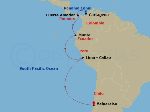 Silver Shadow - 14 Night - Cartagena to Valparaiso - Silver Shadow - Starting in Cartagena CO, Panama Canal Transit, Fuerte Amador (Panama City), Manta, Lima (Callao), Valpar.. itinerary map