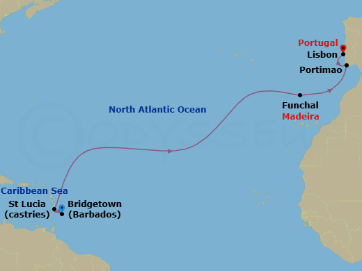 12 Night - Caribbean & Atlantic Passage - Seabourn Ovation - Starting in Bridgetown, Barbados, Castries, Saint Lucia, Funchal (Madeira), Portugal, Portimao, Portugal, Lisbon, Portugal itinerary map