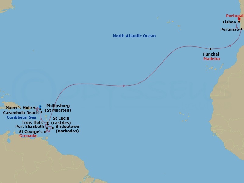 19 Night - Yachtsman's Caribbean & Atlantic Passage - Seabourn Ovation - Starting in Philipsburg, Sint Maarten, Sopers Hole (Frenchmans Cay), Carambola Beach, Saint Kitts and Nevis, Trois Ilets, Martinique, Port Elizabeth VC, Bequia, St Vincent and the Grenadines, Saint Georges, Grenada, Bridgetown, Barbados, Castries, Saint Lucia, Funchal (Madeira), Portugal, Portimao, Portugal, Lisbon, Portugal itinerary map