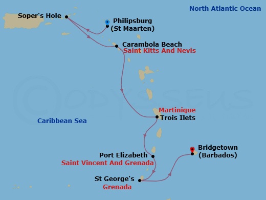 7 Night - Yachtsman's Caribbean - Seabourn Ovation - Starting in Philipsburg, Sint Maarten, Sopers Hole (Frenchmans Cay), Carambola Beach, Saint Kitts and Nevis, Trois Ilets, Martinique, Port Elizabeth VC, Bequia, St Vincent and the Grenadines, Saint Georges, Grenada, Bridgetown, Barbados itinerary map