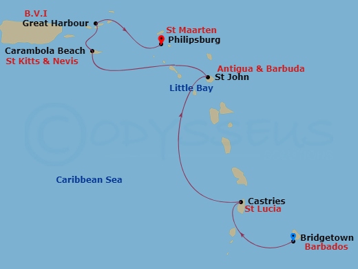 Seabourn Ovation - 7 Night - Classic Caribbean Yacht Harbors - Seabourn Ovation - Starting in Bridgetown, Barbados, Castries, Saint Lucia, Little Bay, Montserrat, St Johns AG, A.. itinerary map