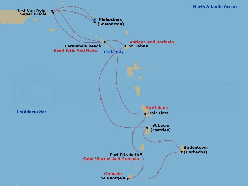 14 Night - Caribbean Gems in Depth - Seabourn Ovation - Starting in Philipsburg, Sint Maarten, Sopers Hole (Frenchmans Cay), Carambola Beach, Saint Kitts and Nevis, Trois Ilets, Martinique, Port Elizabeth VC, Bequia, St Vincent and the Grenadines, Saint Georges, Grenada, Bridgetown, Barbados, Castries, Saint Lucia, Little Bay, Montserrat, St Johns AG, Antigua, Carambola Beach, Saint Kitts and Nevis, Great Harbour, Jost van Dyke, British Virgin Islands, Philipsburg, Sint Maarten itinerary map