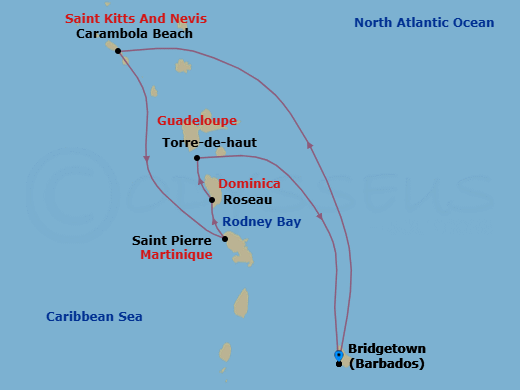 7 Night - Caribbean Gems - Seabourn Ovation - Starting in Bridgetown, Barbados, Carambola Beach, Saint Kitts and Nevis, Saint Pierre, Martinique, Roseau, Dominica, Terre-de-Haut, Iles des Saintes, Guadeloupe, Rodney Bay, Saint Lucia, Bridgetown, Barbados itinerary map