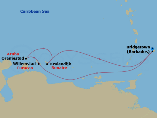7 Night - Yacht Harbors of the Abc Islands - Seabourn Ovation - Starting in Bridgetown, Barbados, Rodney Bay, Saint Lucia, Willemstad AN, Curacao, Oranjestad, Aruba, Kralendijk, Bonaire, Bridgetown, Barbados itinerary map