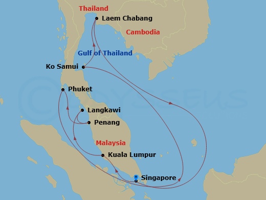 Diamond Princess - 12 Night - Malaysia & Thailand - Diamond Princess - Starting in Singapore, Kuala Lumpur (Port Kelang), Malaysia, Langkawi, Malaysia, Penang, Malaysia, Phuket,.. itinerary map