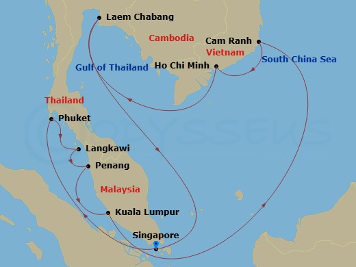 Diamond Princess - 14 Night - Southeast Asia with Malaysia, Thailand & Vietnam - Diamond Princess - Starting in Singapore, Phuket, Thailand, Langkawi, Malaysia, Penang, Malaysia.. itinerary map