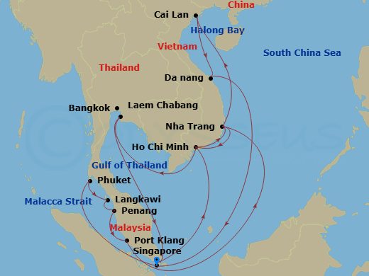 Diamond Princess - 24 Night - Malaysia, Thailand & Vietnam with Halong Bay - Diamond Princess - Starting in Singapore, Ho Chi Minh City (Phu My), Vietnam, Cam Ranh (Nha Trang),.. itinerary map