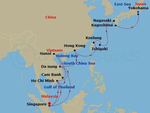 Diamond Princess - 24 Night - Japan & Southeast Asia with Halong Bay - Diamond Princess - Starting in Tokyo (Yokohama), Japan, Kagoshima, Japan, Nagasaki, Japan, Ishigaki, Japan.. itinerary map