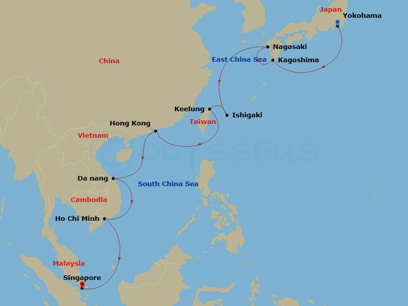Diamond Princess - 14 Night - Southeast Asia & Japan - Diamond Princess - Starting in Tokyo (Yokohama), Japan, Kagoshima, Japan, Nagasaki, Japan, Ishigaki, Japan, Taipei (Keelun.. itinerary map