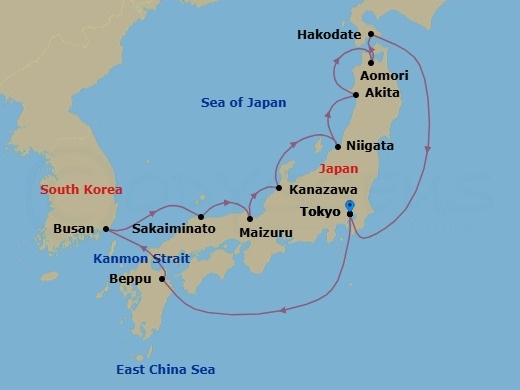 14 Night - Sea of Japan & Cherry Blossoms - Seabourn Encore - Starting in Tokyo, Japan, Beppu, Japan, Scenic Cruising Kanmon Straits, Busan (Pusan), South Korea, Sakaiminato, Japan, Maizuru, Japan, Kanazawa, Japan, Niigata, Japan, Akita, Japan, Aomori, Japan, Hakodate, Japan, Tokyo, Japan itinerary map