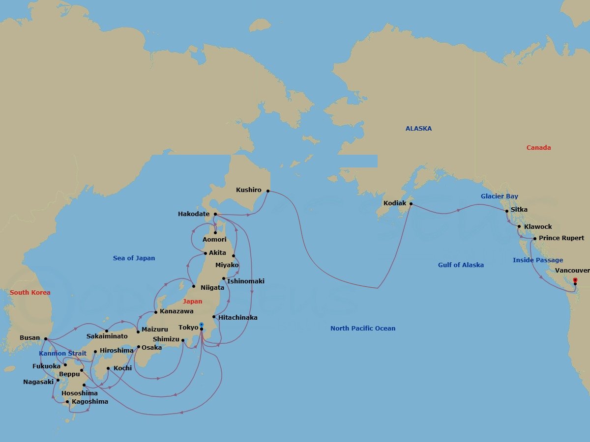 49 Night - In-Depth Japan Exploration & Pacific Passage - Seabourn Encore - Starting in Tokyo, Japan, Kochi, Japan, Hososhima, Japan, Kagoshima, Japan, Nagasaki, Japan, Busan (Pusan), South Korea, Fukuoka (Hakata), Japan, Scenic Cruising Kanmon Straits, Hiroshima, Japan, Osaka, Japan, Shimizu, Japan, Tokyo, Japan, Beppu, Japan, Scenic Cruising Kanmon Straits, Busan (Pusan), South Korea, Sakaiminato, Japan, Maizuru, Japan, Kanazawa, Japan, Niigata, Japan, Akita, Japan, Aomori, Japan, Hakodate, Japan, Tokyo, Japan, Hitachinaka, Japan, Ishinomaki, Japan, Miyako, Japan, Hakodate, Japan, Kushiro, Japan, Cross International Dateline, Kodiak, Alaska, Glacier Bay, Sitka, Alaska, Klawock, Alaska, Prince Rupert, British Columbia, Canada, Inside Passage, Vancouver, BC, CA itinerary map