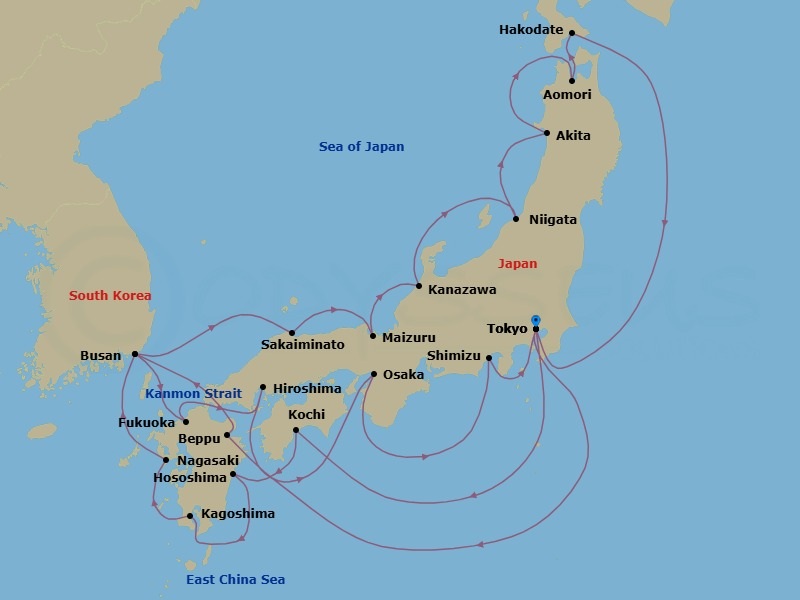 28 Night - Japan's Crafts & Cherry Blossoms - Seabourn Encore - Starting in Tokyo, Japan, Kochi, Japan, Hososhima, Japan, Kagoshima, Japan, Nagasaki, Japan, Busan (Pusan), South Korea, Fukuoka (Hakata), Japan, Scenic Cruising Kanmon Straits, Hiroshima, Japan, Osaka, Japan, Shimizu, Japan, Tokyo, Japan, Beppu, Japan, Scenic Cruising Kanmon Straits, Busan (Pusan), South Korea, Sakaiminato, Japan, Maizuru, Japan, Kanazawa, Japan, Niigata, Japan, Akita, Japan, Aomori, Japan, Hakodate, Japan, Tokyo, Japan itinerary map