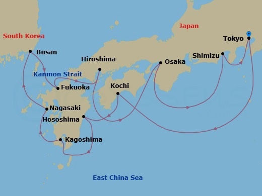 14 Night - Japan's Crafts & Cherry Blossoms - Seabourn Encore - Starting in Tokyo, Japan, Kochi, Japan, Hososhima, Japan, Kagoshima, Japan, Nagasaki, Japan, Busan (Pusan), South Korea, Fukuoka (Hakata), Japan, Scenic Cruising Kanmon Straits, Hiroshima, Japan, Osaka, Japan, Shimizu, Japan, Tokyo, Japan itinerary map