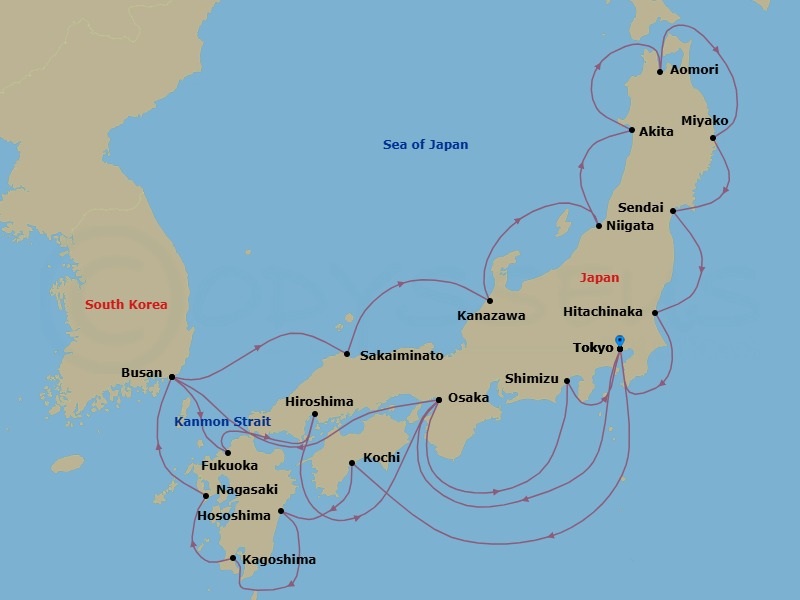 28 Night - Japan's Crafts & Cherry Blossoms - Seabourn Encore - Starting in Tokyo, Japan, Osaka, Japan, Busan (Pusan), South Korea, Sakaiminato, Japan, Kanazawa, Japan, Niigata, Japan, Akita, Japan, Aomori, Japan, Miyako, Japan, Sendai, Japan, Hitachinaka, Japan, Tokyo, Japan, Kochi, Japan, Hososhima, Japan, Kagoshima, Japan, Nagasaki, Japan, Busan (Pusan), South Korea, Fukuoka (Hakata), Japan, Scenic Cruising Kanmon Straits, Hiroshima, Japan, Osaka, Japan, Shimizu, Japan, Tokyo, Japan itinerary map