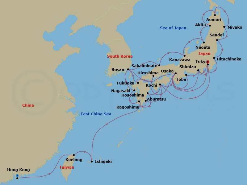40 Night - Taiwan, Korea & Japan's Plum Blossoms - Seabourn Encore - Starting in Hong Kong, China, Keelung (Taipei), Taiwan, Ishigaki Island, Japan, Kagoshima, Japan, Aburatsu, Japan, Kochi, Japan, Osaka, Japan, Toba, Japan, Shimizu, Japan, Tokyo, Japan, Osaka, Japan, Busan (Pusan), South Korea, Sakaiminato, Japan, Kanazawa, Japan, Niigata, Japan, Akita, Japan, Aomori, Japan, Miyako, Japan, Sendai, Japan, Hitachinaka, Japan, Tokyo, Japan, Kochi, Japan, Hososhima, Japan, Kagoshima, Japan, Nagasaki, Japan, Busan (Pusan), South Korea, Fukuoka (Hakata), Japan, Scenic Cruising Kanmon Straits, Hiroshima, Japan, Osaka, Japan, Shimizu, Japan, Tokyo, Japan itinerary map
