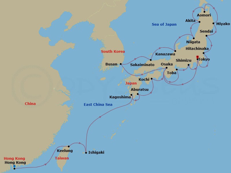 26 Night - Taiwan & Japan's Plum Blossoms - Seabourn Encore - Starting in Hong Kong, China, Keelung (Taipei), Taiwan, Ishigaki Island, Japan, Kagoshima, Japan, Aburatsu, Japan, Kochi, Japan, Osaka, Japan, Toba, Japan, Shimizu, Japan, Tokyo, Japan, Osaka, Japan, Busan (Pusan), South Korea, Sakaiminato, Japan, Kanazawa, Japan, Niigata, Japan, Akita, Japan, Aomori, Japan, Miyako, Japan, Sendai, Japan, Hitachinaka, Japan, Tokyo, Japan itinerary map