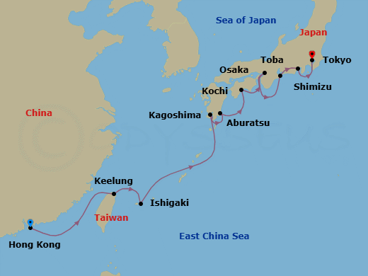 12 Night - Jewels of Taiwan & Japan - Seabourn Encore - Starting in Hong Kong, China, Keelung (Taipei), Taiwan, Ishigaki Island, Japan, Kagoshima, Japan, Aburatsu, Japan, Kochi, Japan, Osaka, Japan, Toba, Japan, Shimizu, Japan, Tokyo, Japan itinerary map