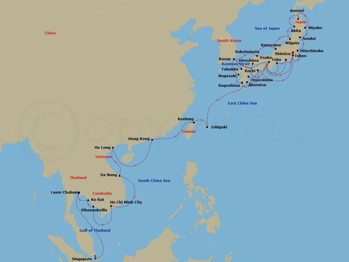 54 Night - Southeast Asia & Japan Exploration - Seabourn Encore - Starting in Singapore, Laem Chabang (Bangkok), Thailand, Ko Kood, Thailand, Sihanoukville, Cambodia, Ho Chi Minh City (Saigon), Vietnam, Da Nang (Hue), Vietnam, Halong Bay, Vietnam, Hong Kong, China, Keelung (Taipei), Taiwan, Ishigaki Island, Japan, Kagoshima, Japan, Aburatsu, Japan, Kochi, Japan, Osaka, Japan, Toba, Japan, Shimizu, Japan, Tokyo, Japan, Osaka, Japan, Busan (Pusan), South Korea, Sakaiminato, Japan, Kanazawa, Japan, Niigata, Japan, Akita, Japan, Aomori, Japan, Miyako, Japan, Sendai, Japan, Hitachinaka, Japan, Tokyo, Japan, Kochi, Japan, Hososhima, Japan, Kagoshima, Japan, Nagasaki, Japan, Busan (Pusan), South Korea, Fukuoka (Hakata), Japan, Scenic Cruising Kanmon Straits, Hiroshima, Japan, Osaka, Japan, Shimizu, Japan, Tokyo, Japan itinerary map