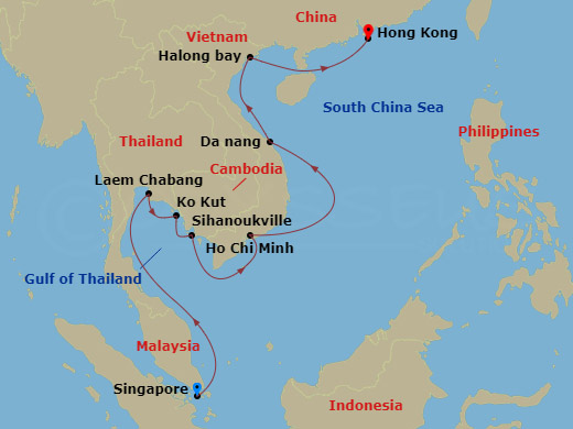Seabourn Encore - 14 Night - Thailand, Cambodia & Vietnam - Seabourn Encore - Starting in Singapore, Laem Chabang (Bangkok), Thailand, Ko Kood, Thailand, Sihanoukville, Cambodi.. itinerary map