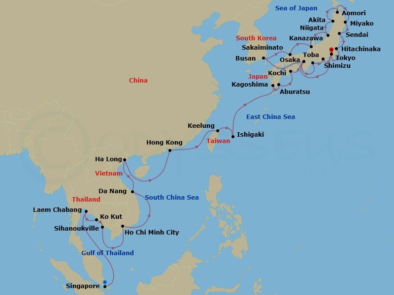 40 Night - Southeast Asia & Japan's Plum Blossoms - Seabourn Encore - Starting in Singapore, Laem Chabang (Bangkok), Thailand, Ko Kood, Thailand, Sihanoukville, Cambodia, Ho Chi Minh City (Saigon), Vietnam, Da Nang (Hue), Vietnam, Halong Bay, Vietnam, Hong Kong, China, Keelung (Taipei), Taiwan, Ishigaki Island, Japan, Kagoshima, Japan, Aburatsu, Japan, Kochi, Japan, Osaka, Japan, Toba, Japan, Shimizu, Japan, Tokyo, Japan, Osaka, Japan, Busan (Pusan), South Korea, Sakaiminato, Japan, Kanazawa, Japan, Niigata, Japan, Akita, Japan, Aomori, Japan, Miyako, Japan, Sendai, Japan, Hitachinaka, Japan, Tokyo, Japan itinerary map