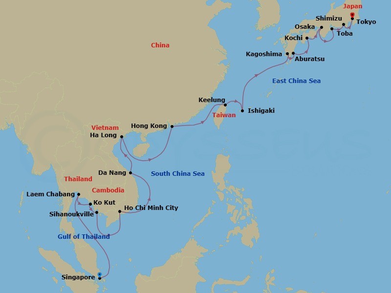 26 Night - Southeast Asia, Taiwan & Japan - Seabourn Encore - Starting in Singapore, Laem Chabang (Bangkok), Thailand, Ko Kood, Thailand, Sihanoukville, Cambodia, Ho Chi Minh City (Saigon), Vietnam, Da Nang (Hue), Vietnam, Halong Bay, Vietnam, Hong Kong, China, Keelung (Taipei), Taiwan, Ishigaki Island, Japan, Kagoshima, Japan, Aburatsu, Japan, Kochi, Japan, Osaka, Japan, Toba, Japan, Shimizu, Japan, Tokyo, Japan itinerary map