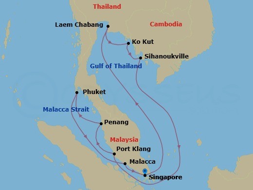 14 Night - Gulf of Thailand & Malaysian Peninsula - Seabourn Encore - Starting in Singapore, Laem Chabang (Bangkok), Thailand, Ko Kood, Thailand, Sihanoukville, Cambodia, Port Klang (Kuala Lumpur), Malaysia, Penang, Malaysia, Phuket, Thailand, Malacca, Malaysia, Singapore itinerary map