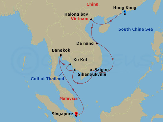 Seabourn Encore - 14 Night - Thailand, Cambodia & Vietnam - Seabourn Encore - Starting in Hong Kong, China, Halong Bay, Vietnam, Da Nang (Hue), Vietnam, Ho Chi Minh City (Saigo.. itinerary map
