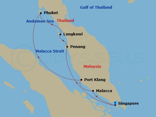 Seabourn Encore - 8 Night - Malaysia & Thailand : Malacca Strait Explorer - Seabourn Encore - Starting in Singapore, Penang, Malaysia, Porto Malai, Langkawi, Malaysia, Phuket,.. itinerary map