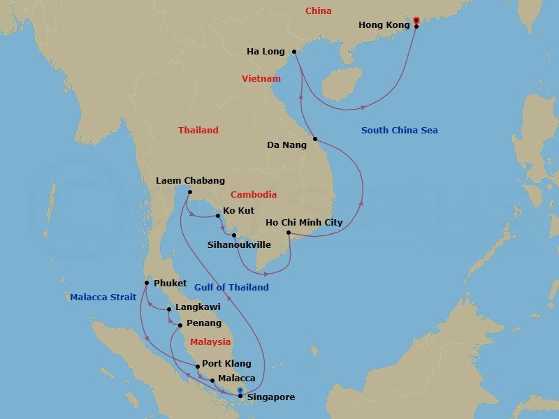 22 Night - Malaysia, Thailand, Cambodia & Vietnam - Seabourn Encore - Starting in Singapore, Penang, Malaysia, Porto Malai, Langkawi, Malaysia, Phuket, Thailand, Port Klang (Kuala Lumpur), Malaysia, Malacca, Malaysia, Singapore, Laem Chabang (Bangkok), Thailand, Ko Kood, Thailand, Sihanoukville, Cambodia, Ho Chi Minh City (Saigon), Vietnam, Da Nang (Hue), Vietnam, Halong Bay, Vietnam, Hong Kong, China itinerary map