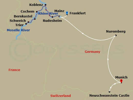 Emerald Astra - 10 Night - Legendary Rhine & Moselle & Romantic Franconia & Bavaria - Emerald Astra - Starting in Frankfurt Airport / Mainz, Rudesheim, Bernkastel, Trier (Sch.. itinerary map