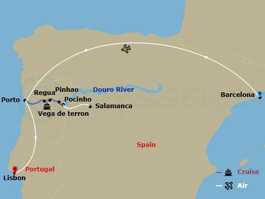 Emerald Radiance - 13 Night - Barcelona to Lisbon & Secrets of the Douro - Emerald Radiance - Starting in Barcelona, Barcelona / Porto, Porto / Pinhao, Pinhao / Vega de Terron,.. itinerary map
