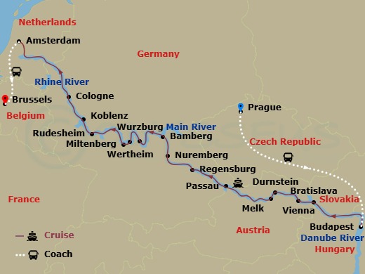 Emerald Sky - 20 Night - Prague & Splendours of Europe & Belgian Delights - Emerald Sky - Starting in Prague, Prague / Budapest, Budapest, Bratislava, Vienna, Durnstein / M.. itinerary map