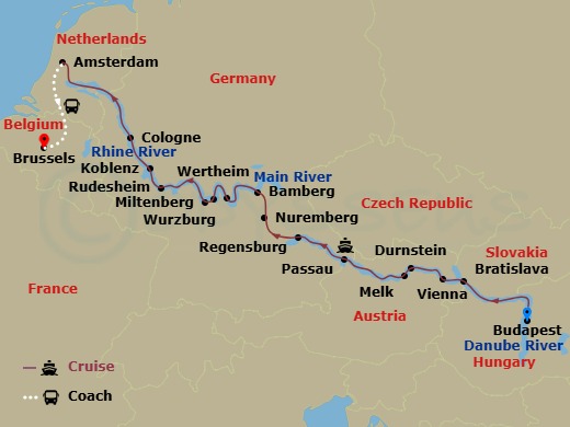 Emerald Star - 17 Night - Splendours of Europe & Belgian Delights - Emerald Star - Starting in Budapest, Bratislava, Vienna, Durnstein / Melk, Passau, Regensburg, Nuremberg,.. itinerary map