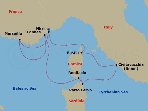 7 Night - Riviera Rendezvous with Michael Bonacini - Emerald Sakara - Starting in Nice, France, Marseille, France, Cannes, France, Bonifacio, France, Porto Cervo, Italy, Civitavecchia (Rome), Italy, Bastia, France, Nice, France itinerary map