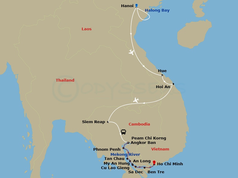 Emerald Harmony - 22 Night - Grand Tour of Vietnam & Cambodia - Emerald Harmony - Starting in Hanoi, Hanoi / Halong Bay, Halong Bay, Halong Bay / Hanoi, Hanoi / Hue, Hue / Hoi.. itinerary map