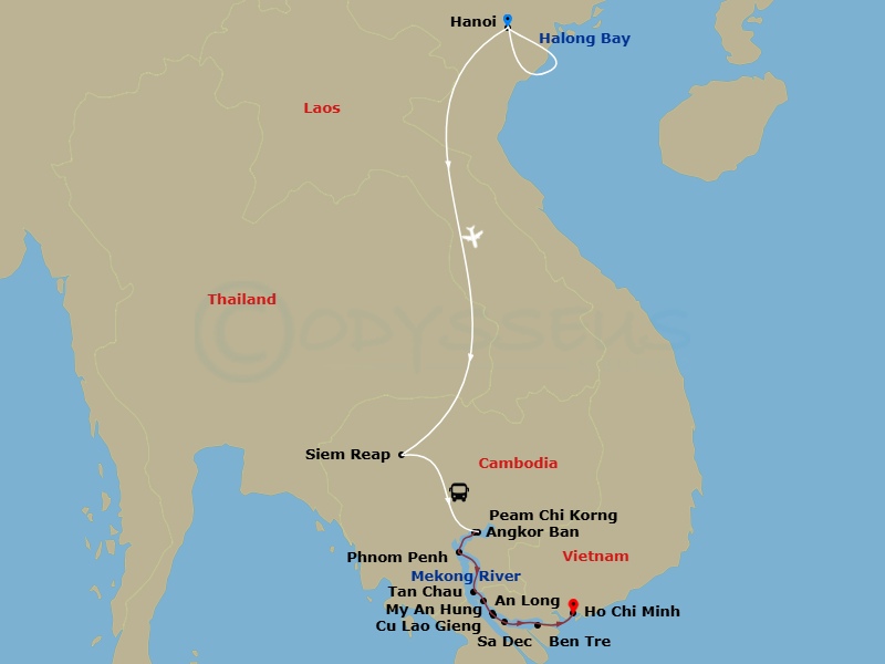 Emerald Harmony - 18 Night - Treasures & Temples of Vietnam & Cambodia - Emerald Harmony - Starting in Hanoi, Hanoi / Halong Bay, Halong Bay, Halong Bay / Hanoi, Hanoi / Siem R.. itinerary map
