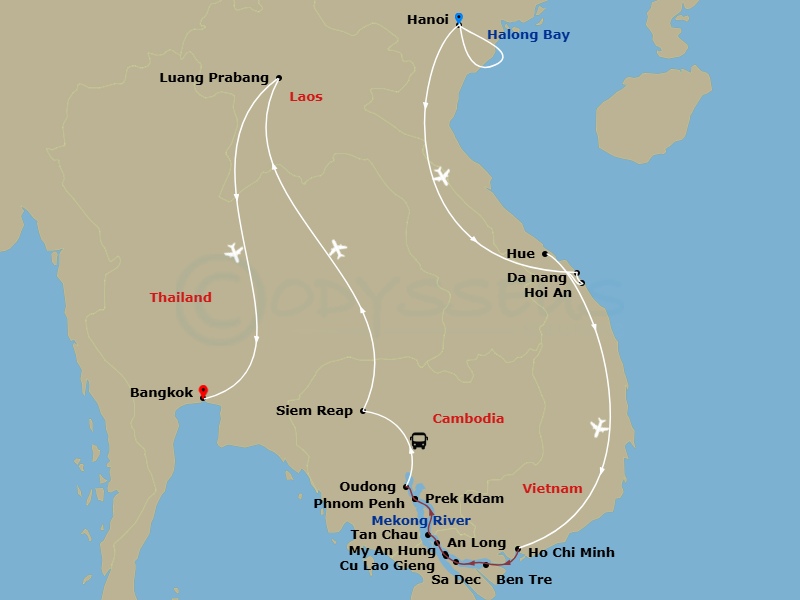 Emerald Harmony - 23 Night - Grand Tour of Indochina - Emerald Harmony - Starting in Hanoi, Hanoi / Halong Bay, Halong Bay, Halong Bay / Hanoi, Hanoi / Danang / Hoi An, Hoi An,.. itinerary map