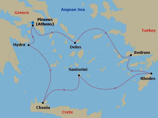 7 Night - Classical Greece - Emerald Azzurra - Starting in Athens (Piraeus), Greece, Delos, Greece / Mykonos, Greece, Bodrum, Turkey, Rhodes, Greece, Santorini, Greece, Chania, Greece, Hydra, Greece, Athens (Piraeus), Greece itinerary map