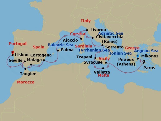 21 Night - Discover the Wonders of the Mediterranean - Emerald Azzurra - Starting in Athens (Piraeus), Greece, Mykonos / Paros, Greece, Paros, Greece, Transit the Corinth Canal / Itea, Greece, Syracuse IT, Italy, Valletta, Malta, Trapani, Italy, Sorrento, Italy, Civitavecchia (Rome), Italy, Livorno, Italy, Ajaccio, Corsica, France, Palma De Mallorca, Spain, Cartagena ES, Malaga, Spain, Tangier, Morocco / Seville, Spain, Seville, Spain, Lisbon, Portugal itinerary map
