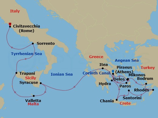 17 Night - Discover the Charm of the Greek Isles & the Amalfi Coast - Emerald Azzurra - Starting in Athens (Piraeus), Greece, Delos, Greece / Mykonos, Greece, Bodrum, Turkey, Rhodes, Greece, Santorini, Greece, Chania, Greece, Hydra, Greece, Piraeus (Athens), Greece, Mykonos / Paros, Greece, Paros, Greece, Transit the Corinth Canal / Itea, Greece, Syracuse IT, Italy, Valletta, Malta, Trapani, Italy, Sorrento, Italy, Civitavecchia (Rome), Italy itinerary map