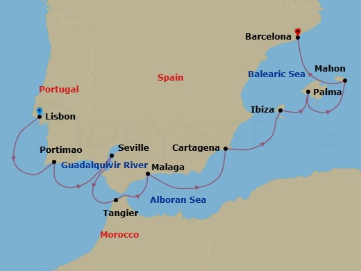 10 Night - Pearls of Southern Spain & Portugal - Emerald Sakara - Starting in Lisbon, Portugal, Portimao, Portugal, Seville, Spain, Tangier, Morocco, Malaga, Spain, Cartagena ES, Ibiza, Spain, Palma De Mallorca, Spain, Mahon, Menorca, Spain, Barcelona, Spain itinerary map