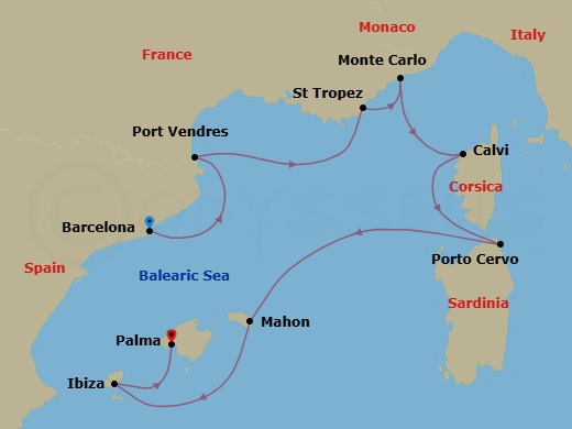 9 Night - Spanish Shores & Beyond - Emerald Sakara - Starting in Barcelona, Spain, Port-Vendres, France, Saint-Tropez, France, Monte Carlo, Monaco, Calvi, France, Porto Cervo, Italy, Mahon, Menorca, Spain, Ibiza, Spain, Palma De Mallorca, Spain itinerary map