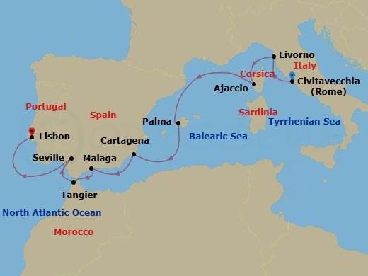 11 Night - Mediterranean Rivieras - Emerald Azzurra - Starting in Civitavecchia (Rome), Italy, Livorno, Italy, Ajaccio, Corsica, France, Palma De Mallorca, Spain, Cartagena ES, Malaga, Spain, Tangier, Morocco / Seville, Spain, Seville, Spain, Lisbon, Portugal itinerary map