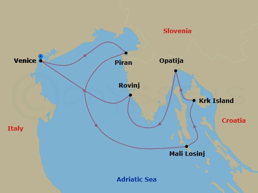 7 Night - Adriatic Discovery : Venice, Istria & the Croatian Archipelago - Emerald Kaia - Starting in Venice, Italy, Piran, Slovenia, Mali Losinj, Croatia, Senj, Croatia / Baska, Krk Island, Croatia, Opatija, Croatia, Rovinj, Croatia, Venice, Italy itinerary map