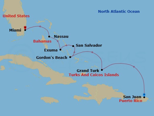 7 Night - Caribbean Escapade - Emerald Sakara - Starting in San Juan, Puerto Rico, Grand Turk, Turks and Caicos Islands, Gordons Beach, Long Island, Bahamas, San Salvador Island, Bahamas, Emerald Bay, Exumas, Bahamas, Nassau, Bahamas, Miami, Florida itinerary map