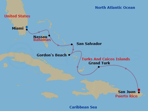 7 Night - Caribbean Escapade - Emerald Sakara - Starting in Miami, Florida, Nassau, Bahamas, Emerald Bay, Exumas, Bahamas, San Salvador Island, Bahamas, Gordons Beach, Long Island, Bahamas, Grand Turk, Turks and Caicos Islands, San Juan, Puerto Rico itinerary map