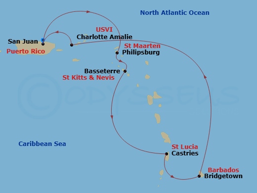 Valiant Lady - 7 Night - St. Lucia, Barbados & More - Valiant Lady - Starting in San Juan, Puerto Rico, Philipsburg, Sint Maarten, Basseterre, Saint Kitts and Nevis, Castrie.. itinerary map