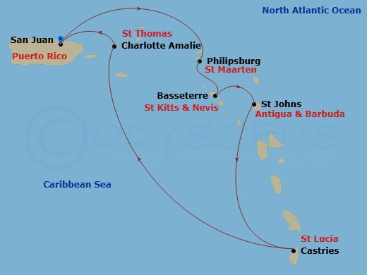 Valiant Lady - 7 Night - Antigua & the St. Isles - Valiant Lady - Starting in San Juan, Puerto Rico, Philipsburg, Sint Maarten, Basseterre, Saint Kitts and Nevis, St Johns A.. itinerary map
